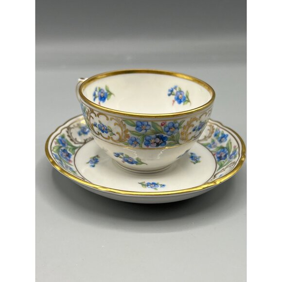 Vtg Schumann Bavarian Teacup & Saucer Set Demi Tasse Forget Me Not Blue Gold Rim - Picture 9 of 11